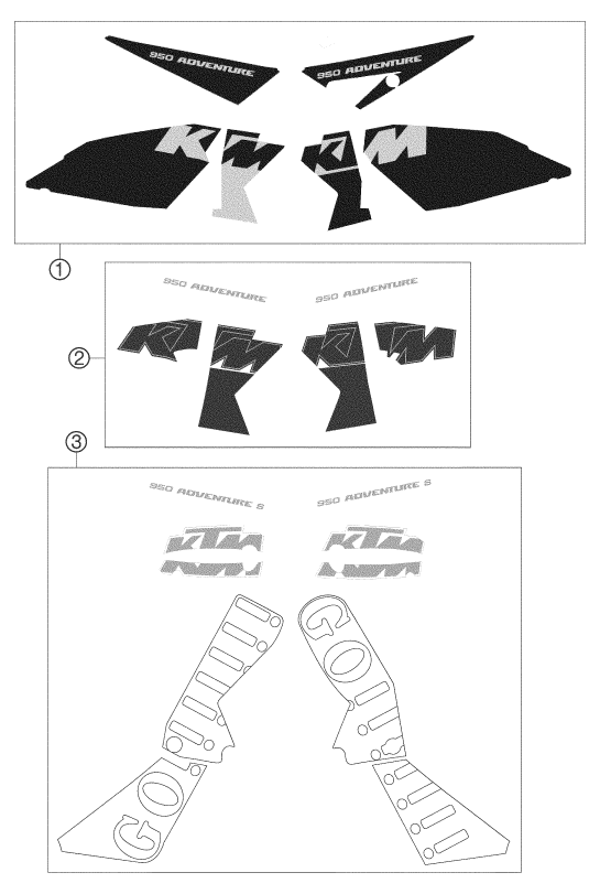 vue éclatée kit déco - ktm 950 adventure silver low eu 2004
