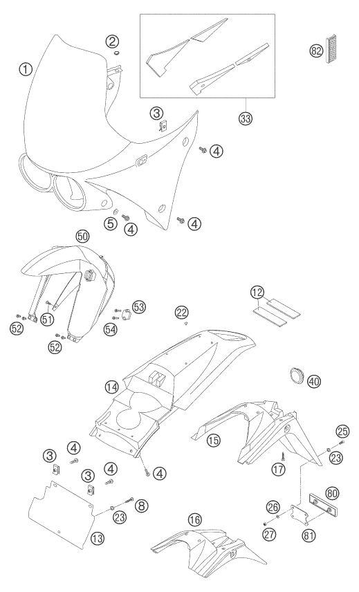 vue éclatée plaque, garde-boue - ktm 640 adventure 2005