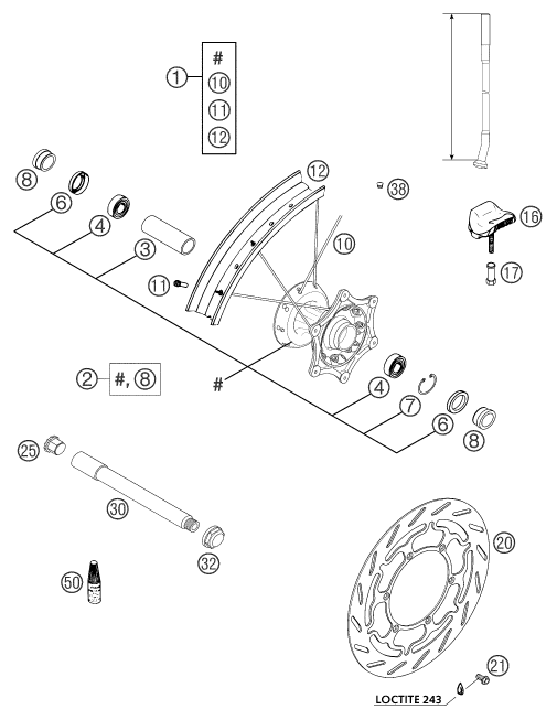 vue éclatée roue avant - ktm 640 lc4 enduro orange 12l eu 2003