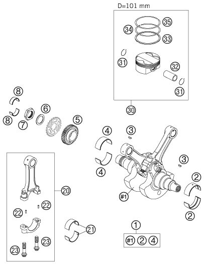 vue éclatée vilebrequin, piston - ktm 990 superduke black eu 2005