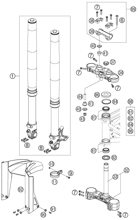 vue éclatée fourche téléscopique, té de fourche - ktm 690 supermoto r 2008