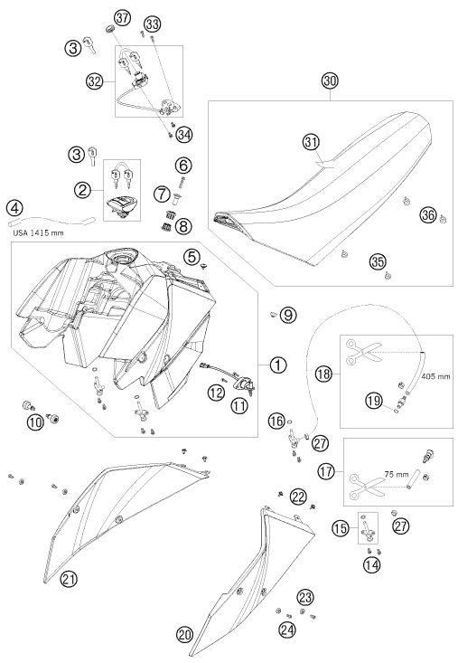 vue éclatée réservoir, selle - ktm 690 supermoto r 2008
