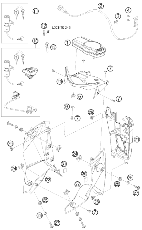 vue éclatée instruments / système de verrouillage - ktm 690 supermoto r 2008