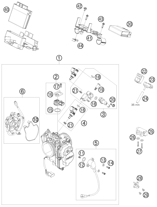 vue éclatée corps du clapet d'étranglement - ktm 690 supermoto r 2008