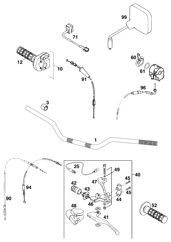 vue éclatée guidon, armatures - ktm 620 egs-e 35kw 11lt blau eu 1997