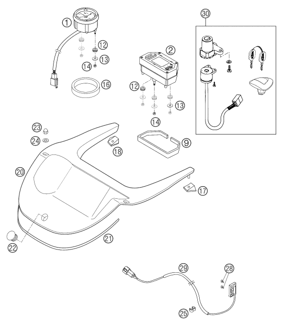 vue éclatée instruments / système de verrouillage - ktm 640 adventure-r eu 2004
