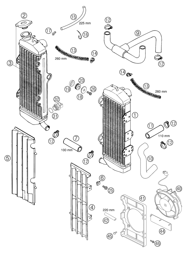 vue éclatée système de refroidissement - ktm 625 smc eu 2004