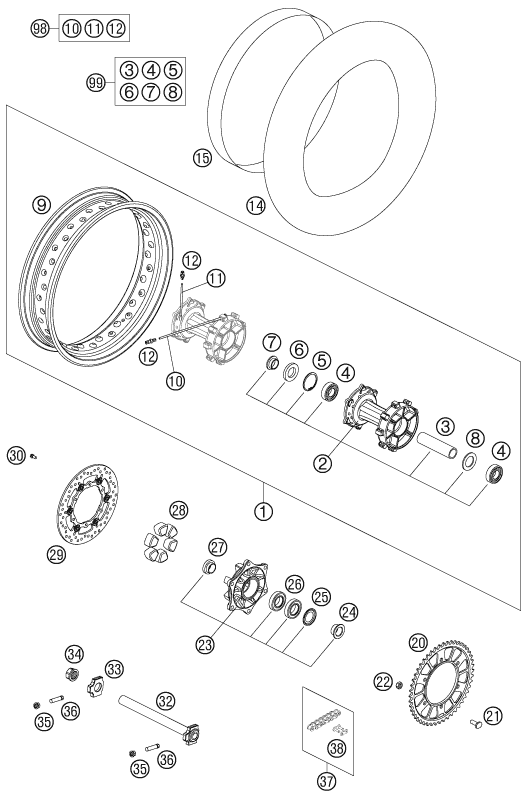 vue éclatée roue arrière - ktm 990 adventure s eu 2006
