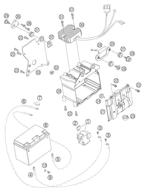 vue éclatée batterie - ktm 990 superduke titanium eu 2006