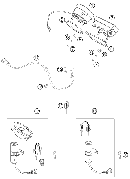 vue éclatée instruments / système de verrouillage - ktm 990 superduke titanium eu 2006