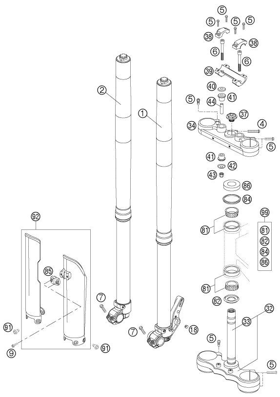 vue éclatée fourche téléscopique, té de fourche - ktm 625 smc eu 2006