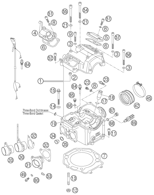 vue éclatée cylindre, culasse - ktm 625 smc eu 2006