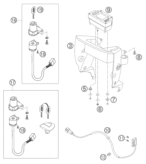 vue éclatée instruments / système de verrouillage - ktm 640 lc4 enduro orange eu 2006