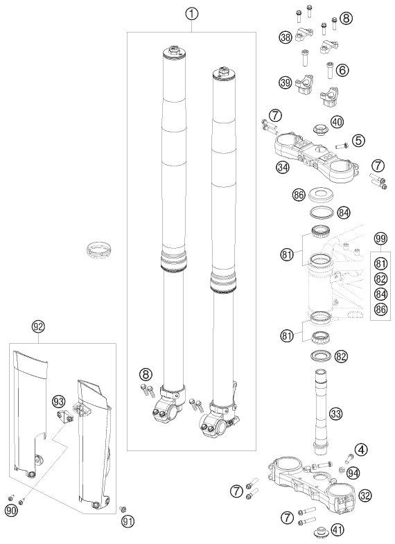 vue éclatée fourche téléscopique, té de fourche - ktm 690 enduro r 09 2009