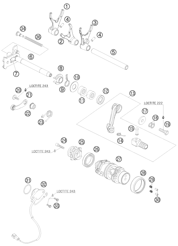 vue éclatée mécanisme de sélection - ktm 690 enduro r 09 2009