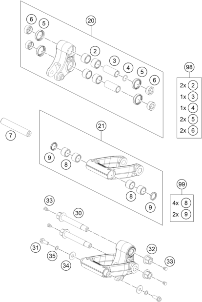 vue éclatée articulation de l'amortisseur pro lever - ktm 690 smc 09 2009