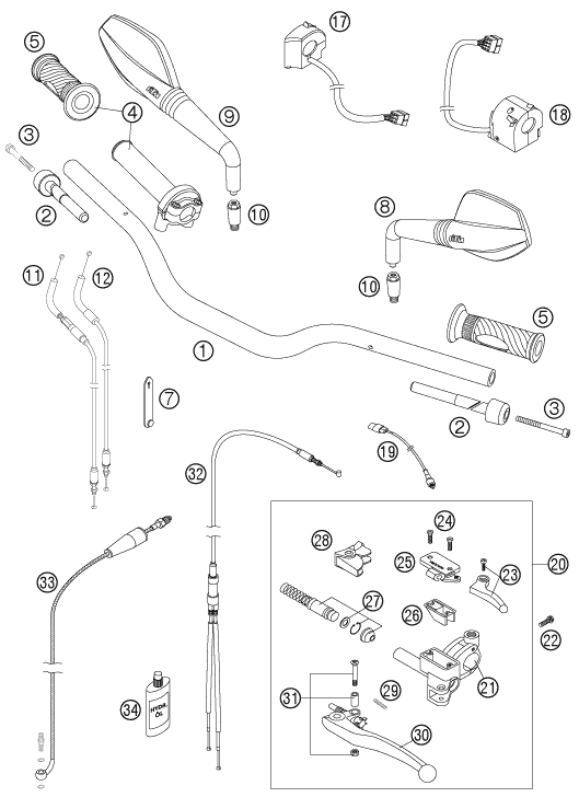 vue éclatée guidon, armatures - ktm 950 supermoto orange 07 eu 2007