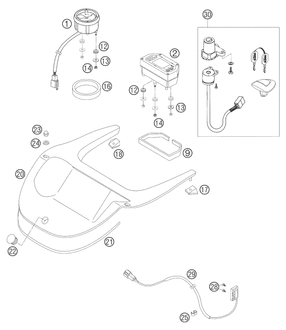vue éclatée instruments / système de verrouillage - ktm 640 adventure eu 2007