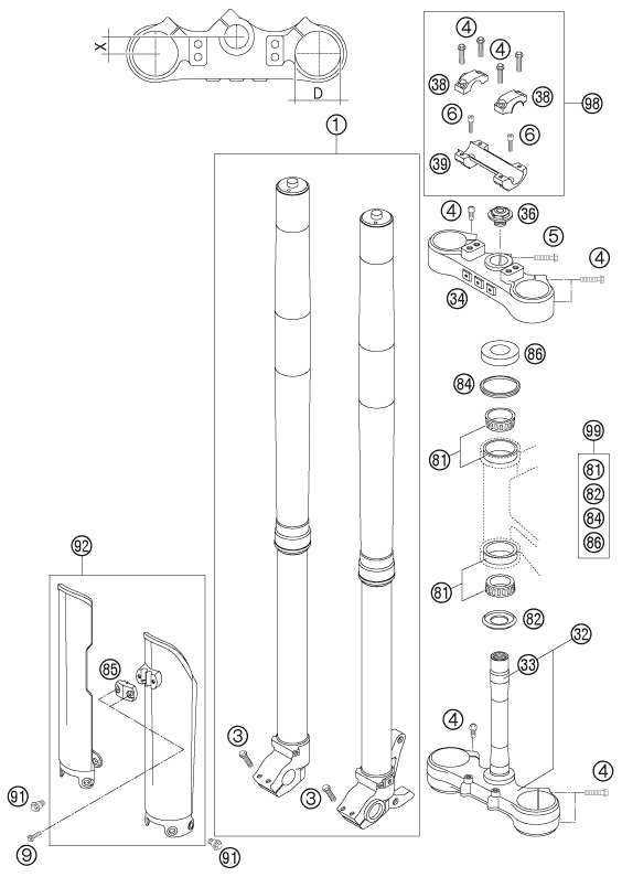 vue éclatée fourche téléscopique, té de fourche - ktm 625 sxc eu 2007