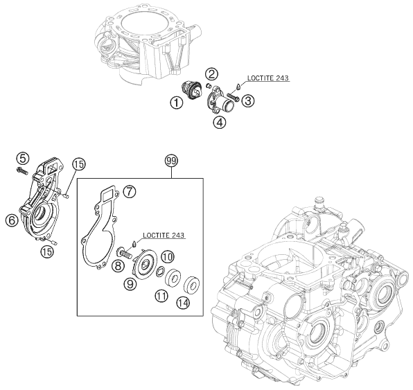 vue éclatée pompe à eau - ktm 690 smc eu 2008