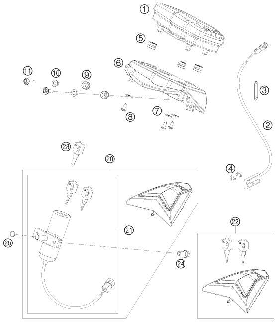 vue éclatée instruments / système de verrouillage - ktm 690 enduro 2010