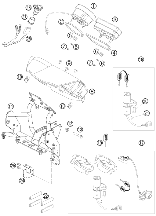 vue éclatée instruments / système de verrouillage - ktm 990 adventure orange abs 07 eu 2007