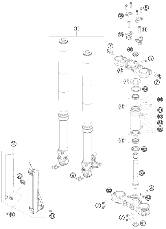 vue éclatée fourche téléscopique, té de fourche - ktm 690 smc 2010