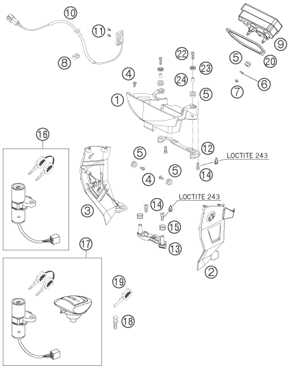 vue éclatée instruments / système de verrouillage - ktm 950 superenduro r eu 2007