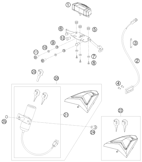 vue éclatée instruments / système de verrouillage - ktm 690 enduro r 2011