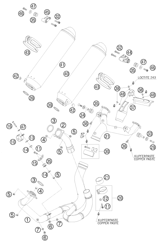 vue éclatée système d'echappement - ktm 950 supermoto r eu 2008