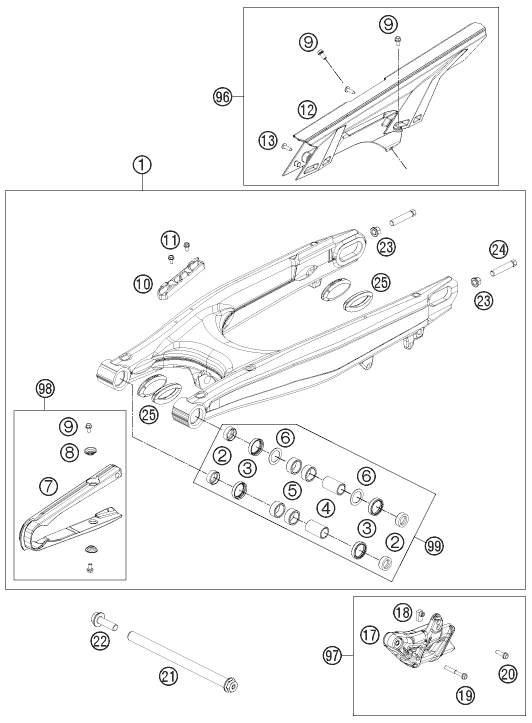 vue éclatée bras oscillant - ktm 690 smc 2011