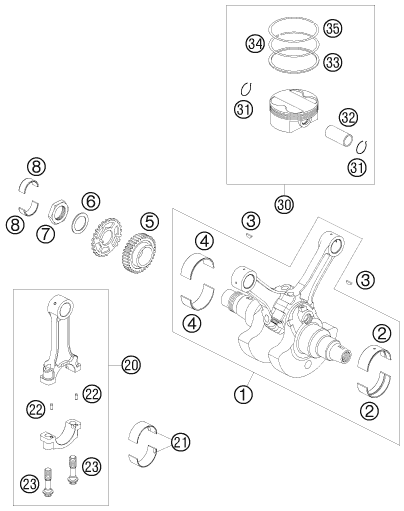 vue éclatée vilebrequin, piston - ktm 990 super duke orange eu 2008