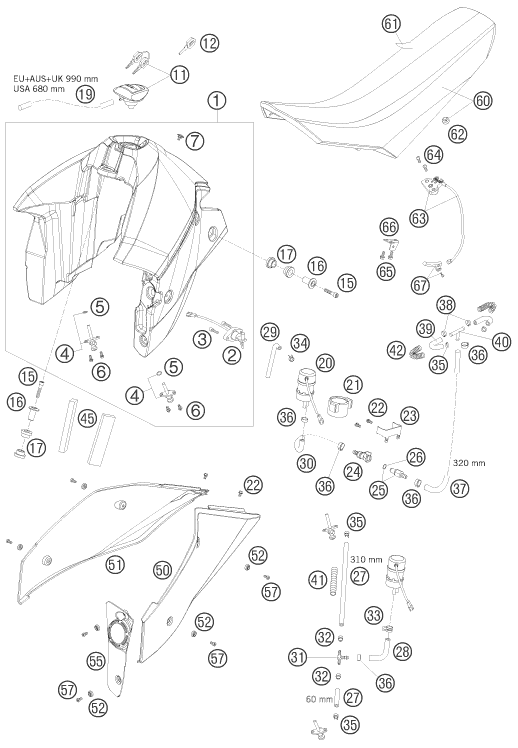 vue éclatée réservoir, selle - ktm 950 super enduro r eu 2008