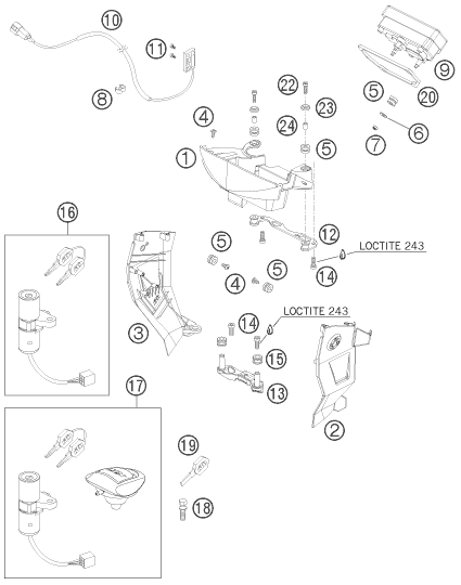 vue éclatée instruments / système de verrouillage - ktm 950 super enduro r eu 2008