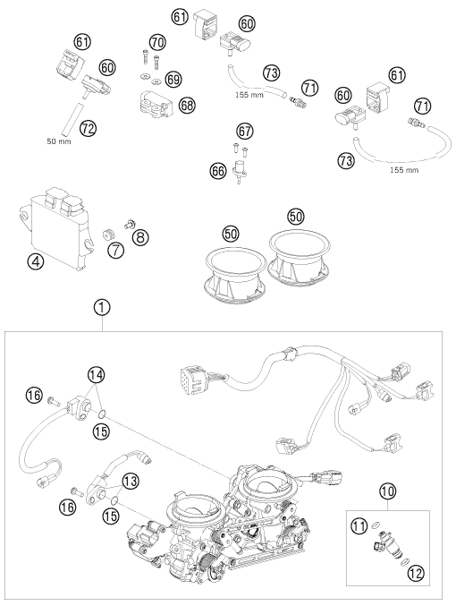 vue éclatée corps du clapet d'étranglement - ktm 990 supermoto orange eu 2009