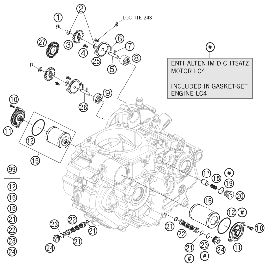 vue éclatée système de lubrification - ktm 690 duke orange eu 2009