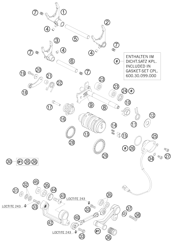 vue éclatée mécanisme de sélection - ktm 990 super duke r eu 2009