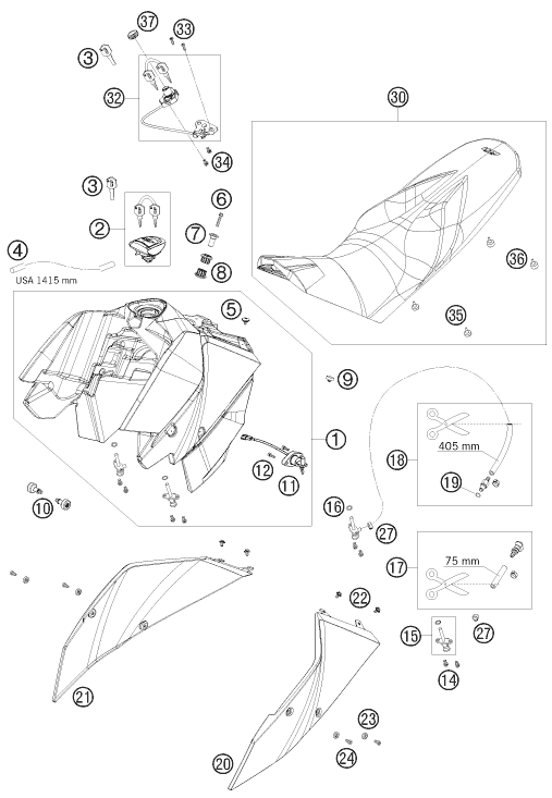 vue éclatée réservoir, selle - ktm 690 duke black eu 2010