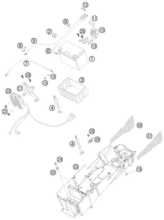 vue éclatée batterie - ktm 990 supermoto t orange eu 2010