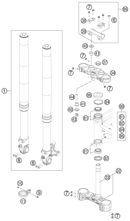 vue éclatée fourche téléscopique, té de fourche - ktm 690 duke black eu 2011