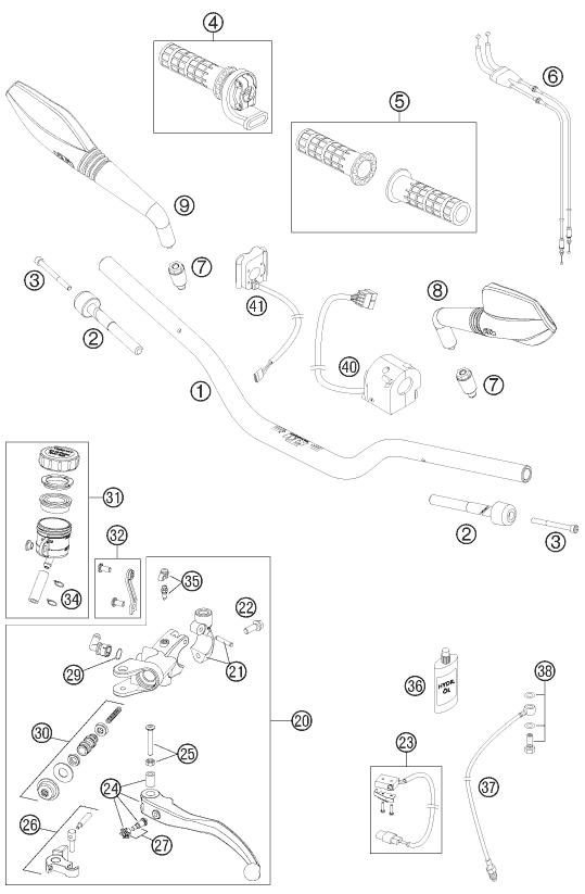 vue éclatée guidon, armatures - ktm 690 duke black eu 2011