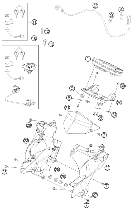 vue éclatée instruments / système de verrouillage - ktm 690 duke black eu 2011