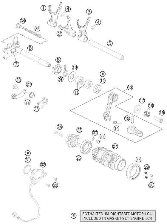 vue éclatée mécanisme de sélection - ktm 690 duke black eu 2011