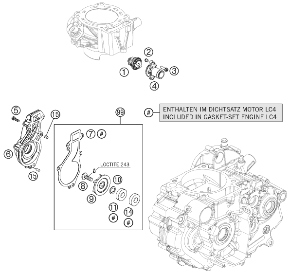 vue éclatée pompe à eau - ktm 690 duke black eu 2011
