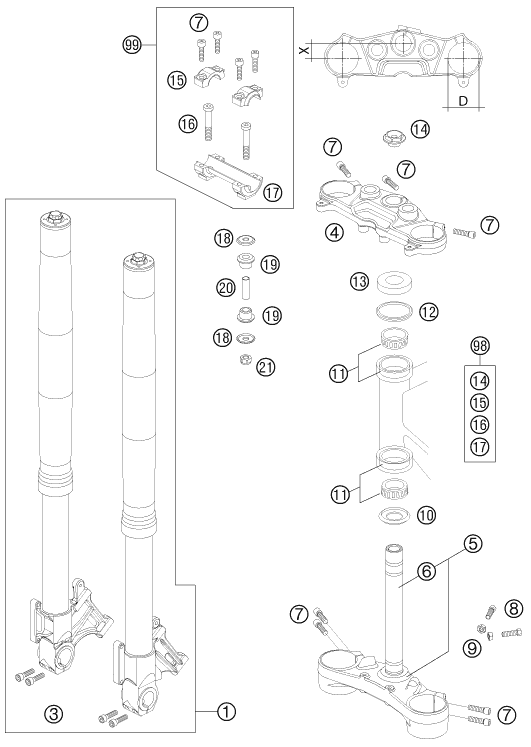 vue éclatée fourche téléscopique, té de fourche - ktm 990 super duke black eu 2011