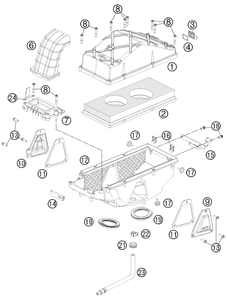 vue éclatée filtre à air - ktm 990 adventure orange abs 11 eu 2011
