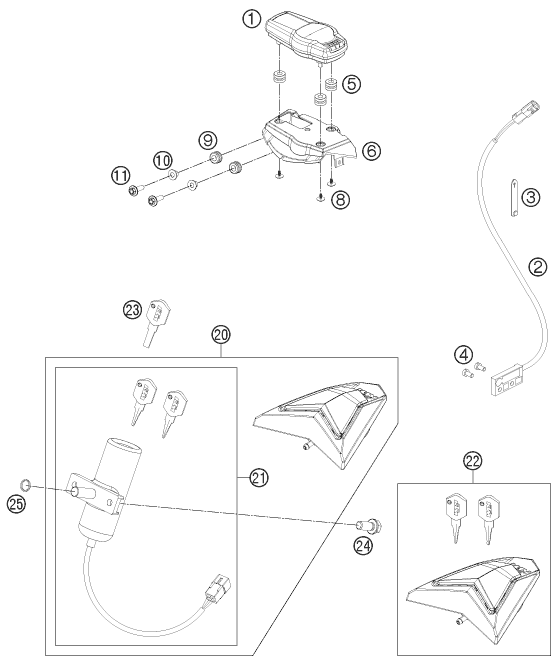 vue éclatée instruments / système de verrouillage - ktm 690 enduro r eu 2012