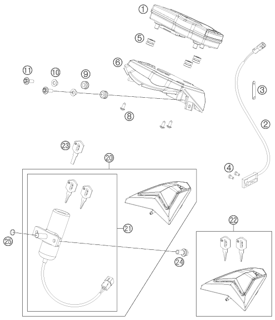 vue éclatée instruments / système de verrouillage - ktm 690 smc r eu 2012