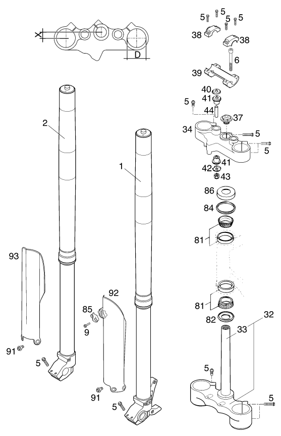 vue éclatée fourche téléscopique, té de fourche - ktm 640 lc4-e gb 2000