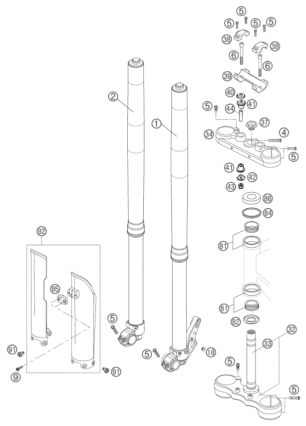 vue éclatée fourche téléscopique, té de fourche - ktm 660 smc gb 2003